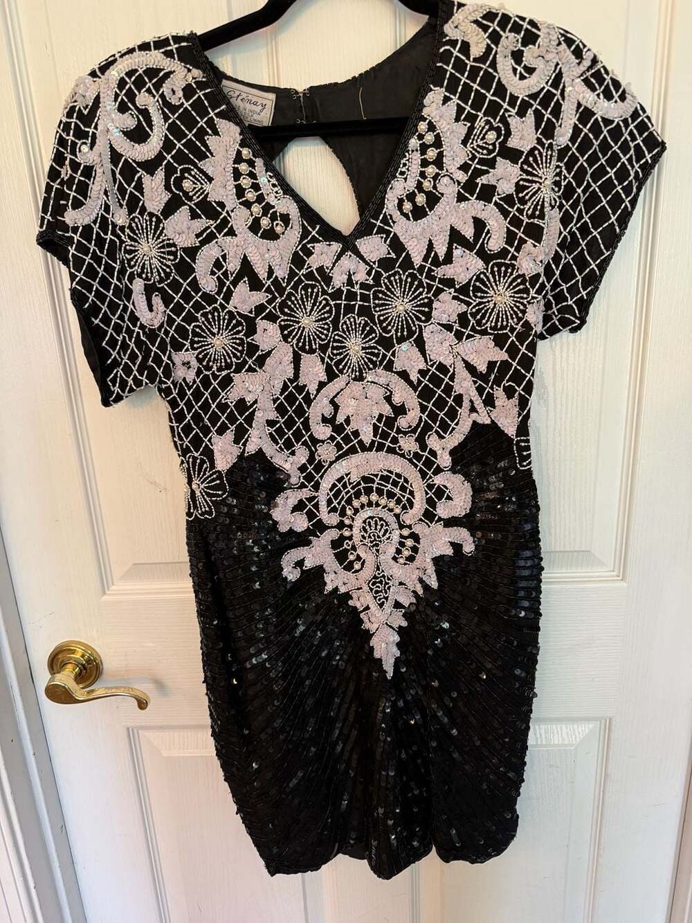 Vintage 80s Stenay Black and White Silk Sequin Beaded Cocktail Mini Dress